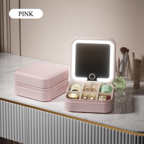KEMISSY Small Travel LED Makeup Mirror Case Cosmetic Train Case Makeup Organizerwith 3 Adjustable Color Light Settings for Women (Pink)