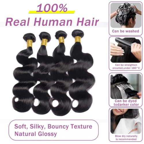 Human Hair Bundles Body Wave 22 24 26 28 Inch Brazilian 12A 100% Virgin Double Weft Quick Weave for Women, Black Color, 400g