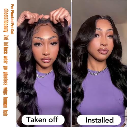 CHEETAHBEAUTY 7x6 Glueless Wigs Human Hair Pre Plucked Pre Cut 16 Inch Body Wave Lace Front Wigs Human Hair for Women 7x6 HD Lace Closure Wigs with Elastic Drawstring 200% Density Natural Color