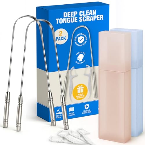 Stainless Tongue Scraper Set for Adults£º Easy To Use For Oral Care and Hygiene ? Pack Of 2 Stainless Steel Tongue Cleaners, 2 Travel Cases, 4 Floss Picks ? Cleaning for Tongue Care & Fresh Breath