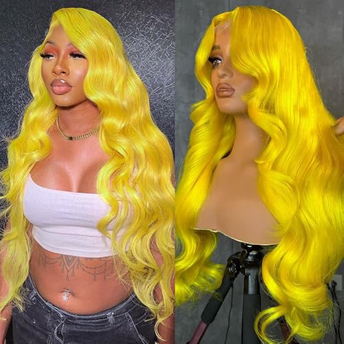 Yellow Lace Front Wig Human Hair Pre Plucked 200% Density Body Wave Blonde Lace Front Wigs Human Hair 13x4 HD Lace Frontal Wig Yellow Colored Wigs Human Hair Glueless Wig 30 Inch