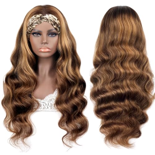Headband Wig Human Hair Highlight Ombre Body Wave Headband Wig 30 Inch #4/27 Honey Blonde Brazilian Glueless Wig None Lace Front Wigs for Black Women 150% Density
