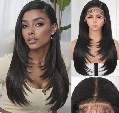 Synthetic Lace Front Wig 13x6 HD Glueless Lace Frontal Wig Pre Plucked Hairline with Baby Hair Long Yaki Straight Layered Lace Wigs for Black Women Daily Use (Natural Black, 24 Inch)