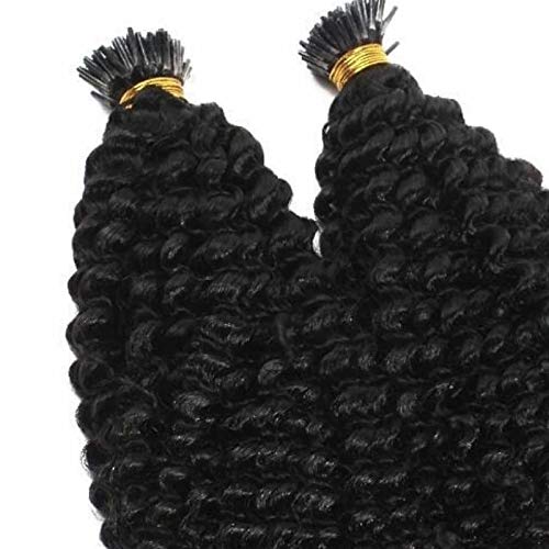 Long Kinky Curly Pre Bonded Fusion I Tip Human Hair Extension Mongolian Human Hair I Tip Hair Extensions 100g/100 strands (24inch 100Strands, #Natural Color)