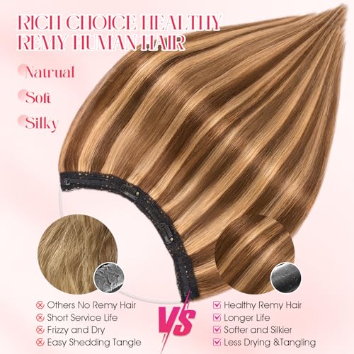 Rich Choices 100% Real Human Halo Hair Extensions for Women Remy Halo Extension Invisible Wire Hairpiece Clip in One Piece Hairpiece Adds Weight 100g 20 Inch #4P27 Medium Brown Highlight Dark Blonde
