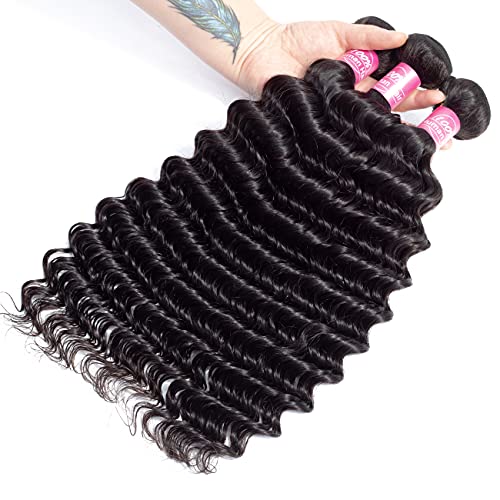 FQ Human Hair Deep Wave 3 Bundles 24 26 28 inch 10A Brazilian Virgin Human Hair Bundles Double Strong Weft Deep Wave Human Hair 3 Bundles Unprocessed Deep Curly Wave Human Hair Extensions Bundles
