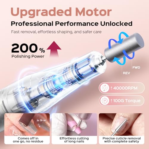 COSLUS Electric Nail Drill Professional: 40000 RPM Rechargeable Nail File with Stand for Acrylic Gel Nails - Stable & Smooth Grinding, Easy to Use, Ideal for Beginners Women, Home DIY and Salon, White
