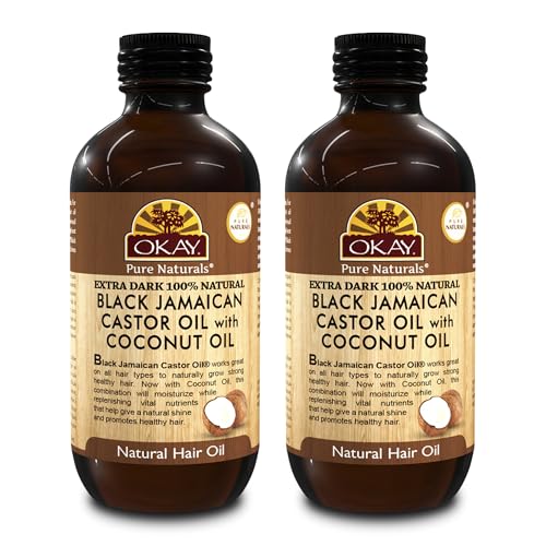 Okay Pure Naturals 100% Pure Black Jamaican Castor Oil with Coconut Oil - Castor Oil for Hair Growth for Men & Women, Moisture for Skin, Scalp, Eyelashes, Eyebrows - 4 oz Glass Bottle (2 Pack)