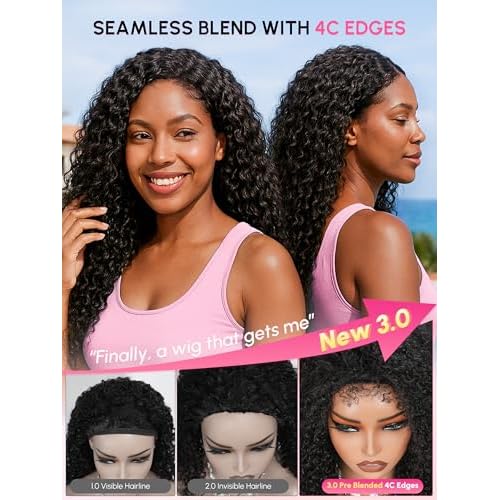 Invisi Water Wave Half Wig Human Hair with 4C Edge | Flip Over 3-In-1 Drawstring Wig 180 Density | Pre-Blended Seamless Crown | No Glue | Natural Look for 3B/3C Everyday Protective Style 10 Inch