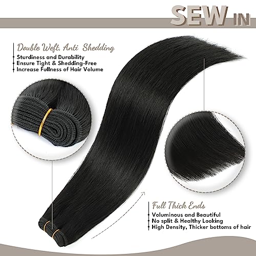 Sew in Hair Extensions Real Human hair, Silky Soft &Shiny Double Drawn Weft Hair Extensions human hair, Thick ends&Tangle Free Human hair extensions sew in,100g Straight Natural Black,16 inch
