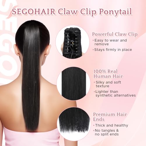 Human Hair Claw Clip Ponytail Extension 100% Real Human Hair Clip-In Extensions for Women Long Straight Pony Tails 22 Inches 120g #01 Jet Black
