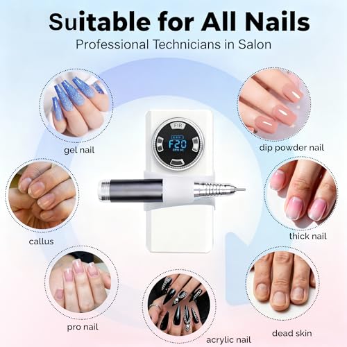 ?Lumcrissy 40000RPM Professional Electric Nail File Kit - Rechargeable Cordless Nail Drill for Acrylics Gel Nails, Portable Efile Machine with 6 Bits for Home Salon Manicure Pedicure Care (White)??