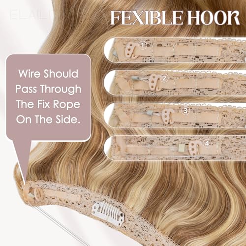 Elailite Halo Hair Extensions Real Human Hair for Women Golden Brown & Bleach Blonde Wavy Hair Halo Clip in Remy Hairpiece with Adjustable Invisible Wire 20 Inch 70G