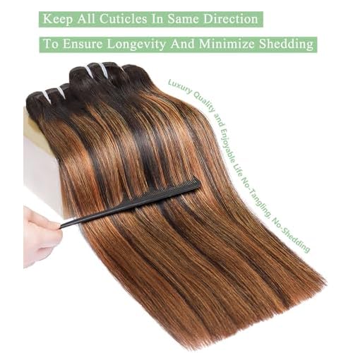 mlip Raw Bundles Human Hair Straight, No Tangle Shedding, Keep Texture Silky Soft After Multiple Washes, 15A Raw Indian Hair Bundles 24 Inches, Brown Highlight Bundles