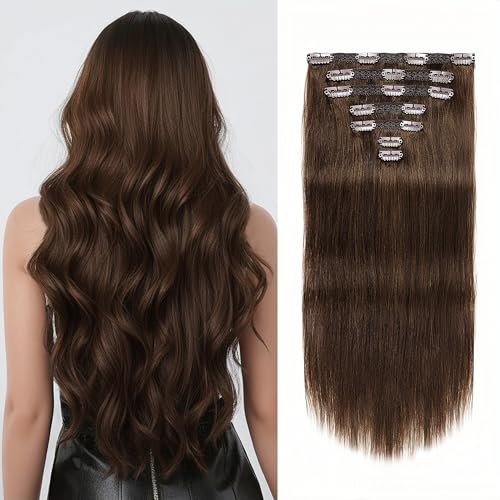 Clip in Hair Extensions Real Human Hair 14 inch, 7Pcs/70g Human Hair Clip in Extensions, Seamless Clip in Hair Extensions Human Hair #4 Chotolate Brown, 14 Inch