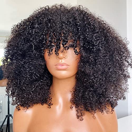 Afro Kinky Curly Wig With Bangs 200 Density Full Machine Made Human Hair Wig Scalp Top Wig Brazilian Short Curly Wigs For Black Women Natural Color 14 Inch