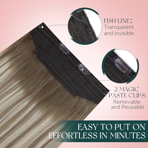 Easyouth Wire Hair Extensions Balayage Hair Extensions Invisible Wire Human Hair Medium Brown Fading to Platinum Blonde Mix Brown Fish Line Hair Extension Human Hair Ombre for Long Hair 20 Inch 100g