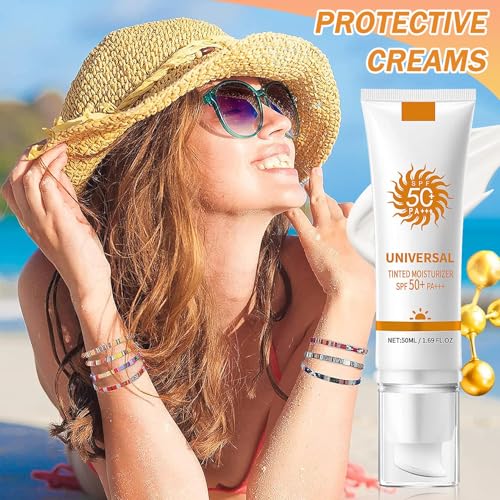 2Pcs Face Sunscreen Cream SPF 50+ PA+++,Moisturizing Sunscreen for Face,Long Lasting Refreshing Tinted Facial Moisturizer Sunblock for Women Men,Non-greasy Travel Size Facial Sun Screen Lotion B