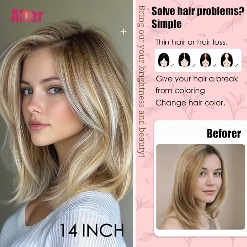 Hair Toppers for Women Real Human Hair No Bangs 4.7 * 5.1 Inch Base 14 Inch Human Hair Topper for Women with ThinningHair Cover Gray Roots (#Ash Blonde Highlights Lowlights Tan)