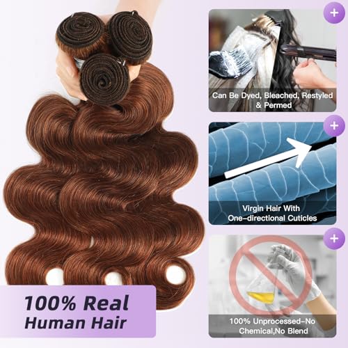 Light Reddish Brown Bundles Human Hair Body Wave 16 18 20 Inch, Color 30 Copper Brown Thick Raw Virgin 3 Bundles 12A 100% Brazilian Human Hair Wavy Loose Wave Quick Sew In Weave #30