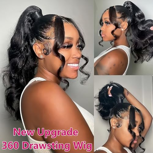 Body Wave 360 Lace Front Wigs Human Hair Pre Plucked Hidden Strap 20Inch 220% Density Drawstring Wig 360 HD Full Lace Human Hair Glueless Wigs for Black Women