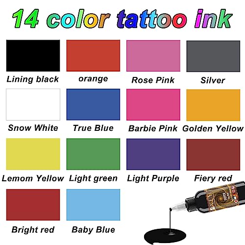 Tattoo Kit 14Pcs Tattoo Ink Color Set,Tattoo Ink Set, Skin-Safe Permanent Tattooing for 3D Makeup Beauty Skin Body Art, 1 oz 30ml/Bottle, 14 Color (30ml, 14Color)