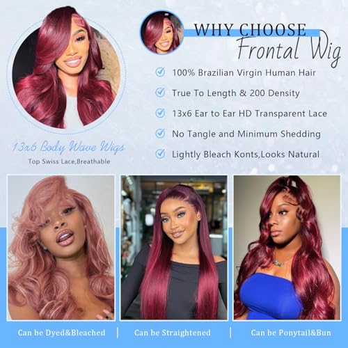 13x6 Burgundy Body Wave Lace Front Wigs Human Hair Pre Plucked 200% Density 99j Burgundy Wig Human Hair HD Lace Front Wig Glueless Red Wigs for Black Women Human Hair Bleached Knots 30 inch