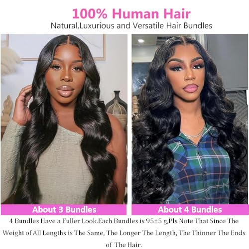 MsSunlight 12A Body Wave Bundles Human Hair 22 24 26 28 Inch Human Hair Bundles 100% Unprocessed Brazilian Virgin Hair Bundles Human Hair Body Wave 4 Bundle Human Hair Extensions Natural Black