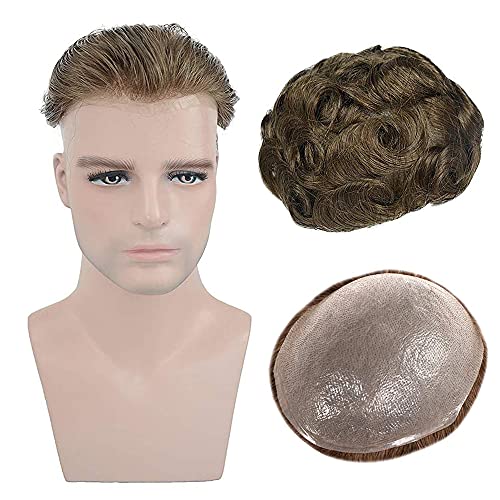 Amiable toupee for men 0.02-0.04mm Ultra Thin Skin All V-looped Mens Hairpieces European Virgin Human Hair System for Men Soft Skin V-looped mens toupee mens hair piece Color#7 Light blonde