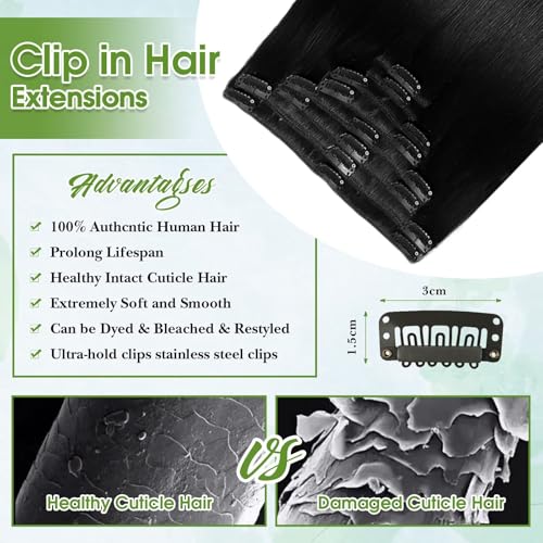 Human Hair Clip in Extensions Real Human Hair Clip-in Jet Black Hair Extensions 16inch/65g Clip ins 100% Brazilian Remy Human Hair for Women Straight Soft Hair 8pcs Double Weft