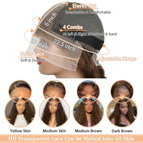 Chocolate Brown Lace Front Wigs Human Hair 13x6 Deep Wave Lace Front Wigs Human Hair 200 Density HD Colored Deep Curly Lace Frontal Wigs for Women Pre Plucked with Natural Hairline (Brown Wig, 30inch)