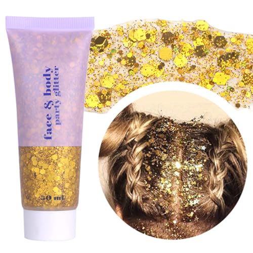 Gold Face Glitter Gel,Music Festival Yellow Body Glitter Singer Concerts Hair Glitter Sequins,Mardi Gras Outfits for Women,Sparkling Carnival Rave Accessories Decorations,50ML