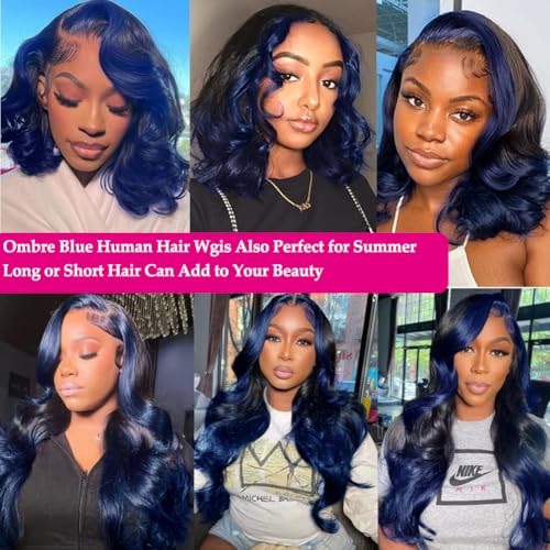 YMS Ombre Blue Wigs Human Hair 13x4 HD Lace Front Wig Pre Plucked With Baby Hair 180% Density Dark Blue 16Inch Colored Skunk Stripe Glueless Lace Frontal Wigs for Women