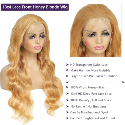 Ubetta Honey Blonde Wig Human Hair, Body Wave Honey Blonde Lace Front Wig Human Hair, 22 Inch Glueless 13x4 HD Lace Frontal Wigs Human Hair Pre Plucked 180% Density Lace Frontal Wigs for Black Women