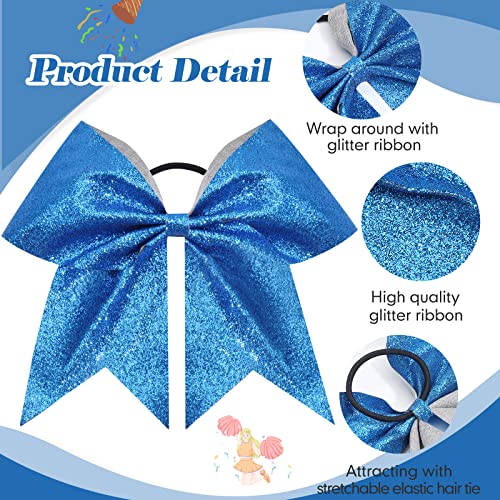 16PCS 8" Large Glitter Cheer Bows for Cheerleaders, CN Sparkly Hair Bows with Elastic Hair Ties Accessories for Teens Girls Women Cheerleading Softball Competition Sports (Blue)