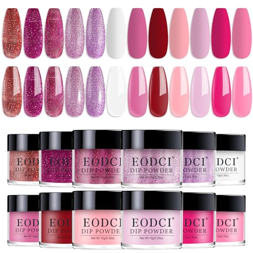 12 Pcs Nail Dip Powder Set, 12 Colors Burgundy Pink Dipping Powder Kit, Valentine's Shimmering Red Purple Glitter Nail Art Manicure Salon DIY for Daily at Home Party Gifts for Women