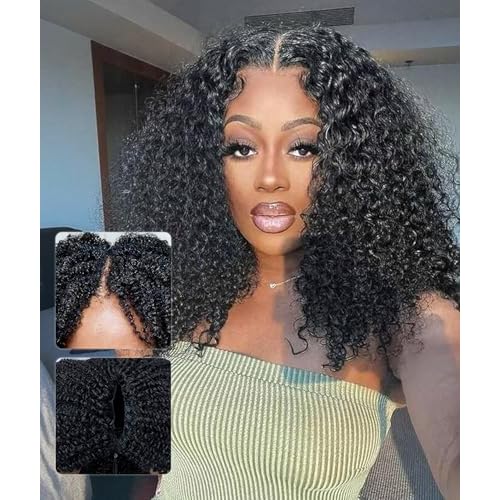 QUEEN VIRGIN REMY QVR Lace V-Part Wig Human Hair Kinky Curly No Leave Out V Shape Full Head Clip In Half Wig with Drawstring Natural Black Curly U Part Human Hair Wig for Black Women 18 Inch