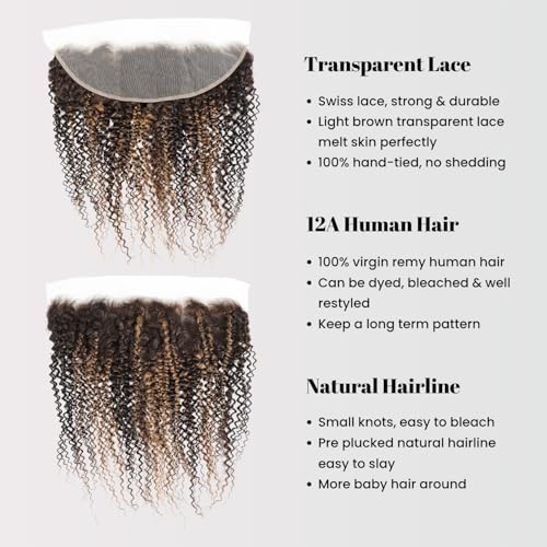 Honey Blonde Highlight Tight Kinky Curly 3 Bundles with 13x4 hd Frontal Closure Human Hair, 12A Virgin 13x4 Ear to Ear Frontal with 3 Curly Bundles Thick Tracks P4/27 Ombre Brown 12 14 16+ 12