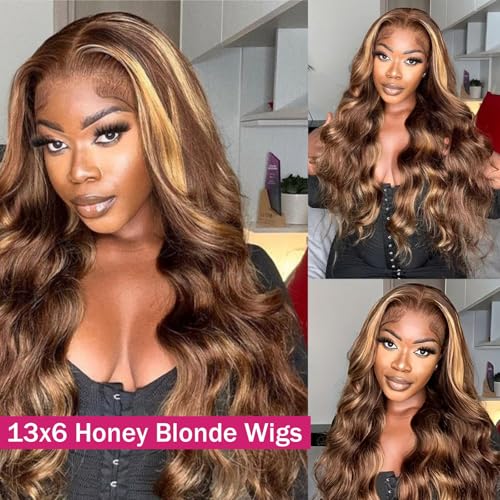 Ombre Honey Blonde Lace Front Wig Human Hair 13x6 Highlight Body Wave Lace Front Wig Glueless Pre Plucked With Baby Hair P4/27 HD Lace Frontal Wig 200% Density Colored Wigs 32 Inch