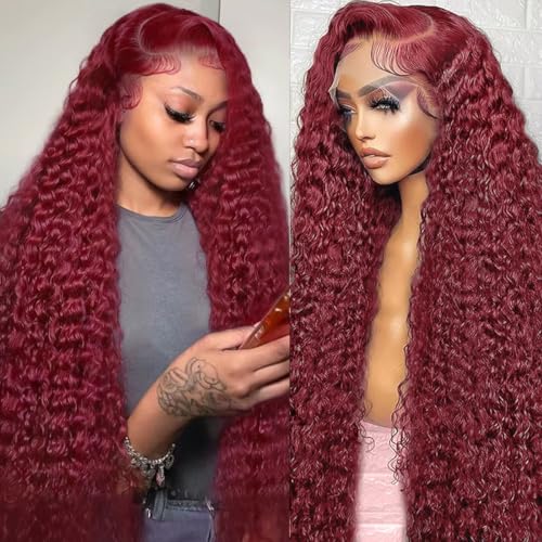 99J Burgundy Wig Human Hair 30inch 13x6 Deep Wave Lace Front Wigs Human Hair Glueless Wigs Human Hair Pre Plucked HD Transparent Lace Frontal Wigs for Black Women Deep Curly Red Colored Wig