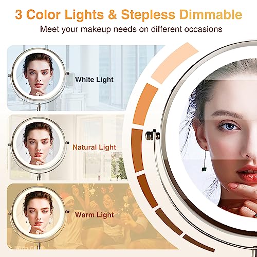 8.5 Inch Rechargeable Wall Mounted Makeup Mirror Brushed Nickel, Double Side Dual-Touch 1X/10X Magnifying Mirror with Light, 3 Color Lights 360¡ÆSwivel Extendable Bathroom Mirror