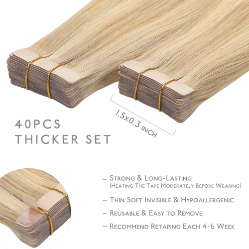 WENNALIFE Tape in Hair Extensions Human Hair, 40pcs 100g 20 inch Light Blonde Highlighted Golden Blonde Hair Extensions Real Human Hair Straight Tape in Extensions Invisible Human Hair Extensions