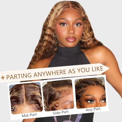 30 Inch Highlight Ombre Deep Wave Lace Front Wigs Human Hair Wig 13x6 Honey Blonde Wig Human Hair HD Glueless Deep Wave Wig 4/27 Colored Wet and Wavy Curly Wig Pre Plucked for Women