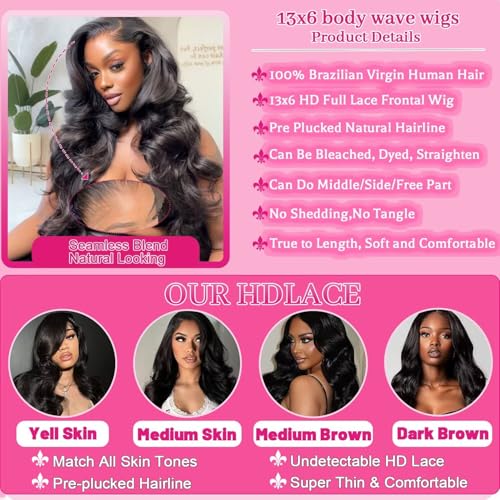 30 Inch 13x6 Lace Front Wigs Human Hair Pre Plucked, 180% Density Body Wave HD Transparent Lace Frontal Wigs with Baby Hair for Women, Glueless Wig, Natural Black