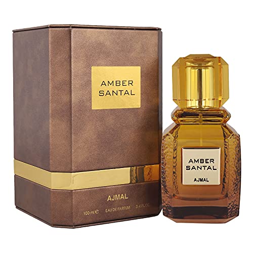 Ajmal Amber Santal Eau de Parfum 3.4 oz / 100 ml ? Unisex Spicy, Woody & Ambery Fragrance with Sandalwood, Incense & Nutmeg | Long-Lasting Luxury from Dubai