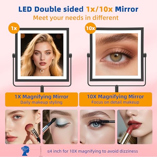 Ruacq Vanity Mirror with Lights, Height & Brightness Adjustable, Rechargeable 4000mAh Lighted Makeup Mirror with Magnification 1X/10X, 3 Color Lights & 360¡Æ Rotation (Matte Black-Table)