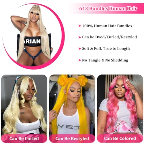 613 Bundles Human Hair 20 22 24 Inch Straight Blonde Bundles Human Hair 100% Unprocessed 12A Brazilian Virgin Hair 3 Bundles Straight 613 Quick Weave for Women
