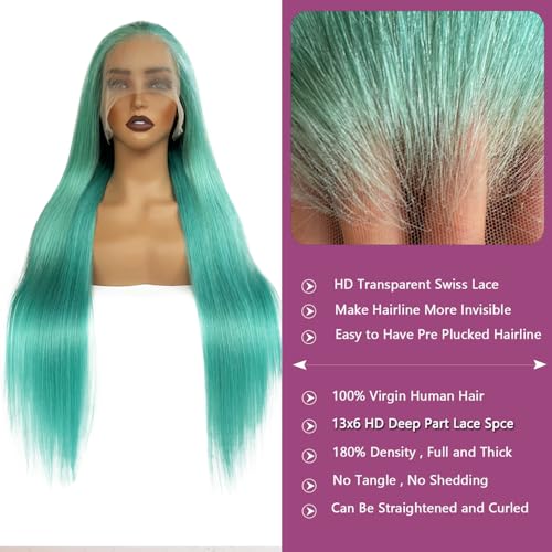 Turquoise Lace Front Wigs Human Hair 26 Inch Glueless Transparent 13x6 Lace Front Wigs Human Hair Pre Plucked Colored Aqua Blue Wig Human Hair 180% Density Teal Lace Frontal Wigs for Black Women