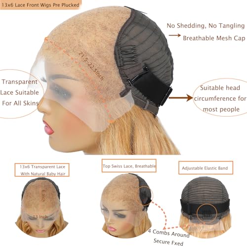 Honey Blonde Wig Human Hair 13x6 Body Wave Hd Lace Front Wigs Human Hair Pre Plucked 27# Colored Blonde Lace Frontal Wig 180% Density Real Hair Wavy Human Lace Front Wigs For Black Women 32Inch