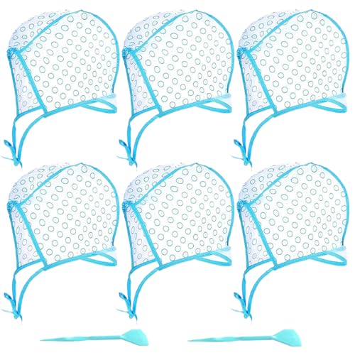 6 Pcs Hair Highlighting Cap, Highlight Caps, Hair Coloring Frosting Dye Kit with 2 Pcs Plastic Hooks for Salon DIY Hair Dyeing Hairdressing (Blue)